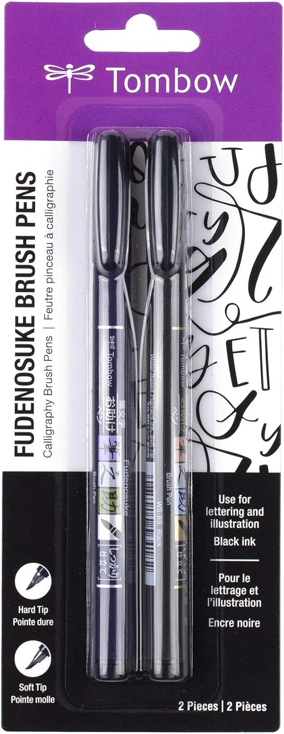 Tombow Fudenosuke Calligraphy Brush Pen, Hard & Soft (Black) - 2 Pack