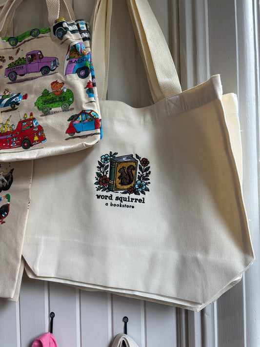 Word Squirrel Embroidered Tote Bag Heavy Cotton Canvas