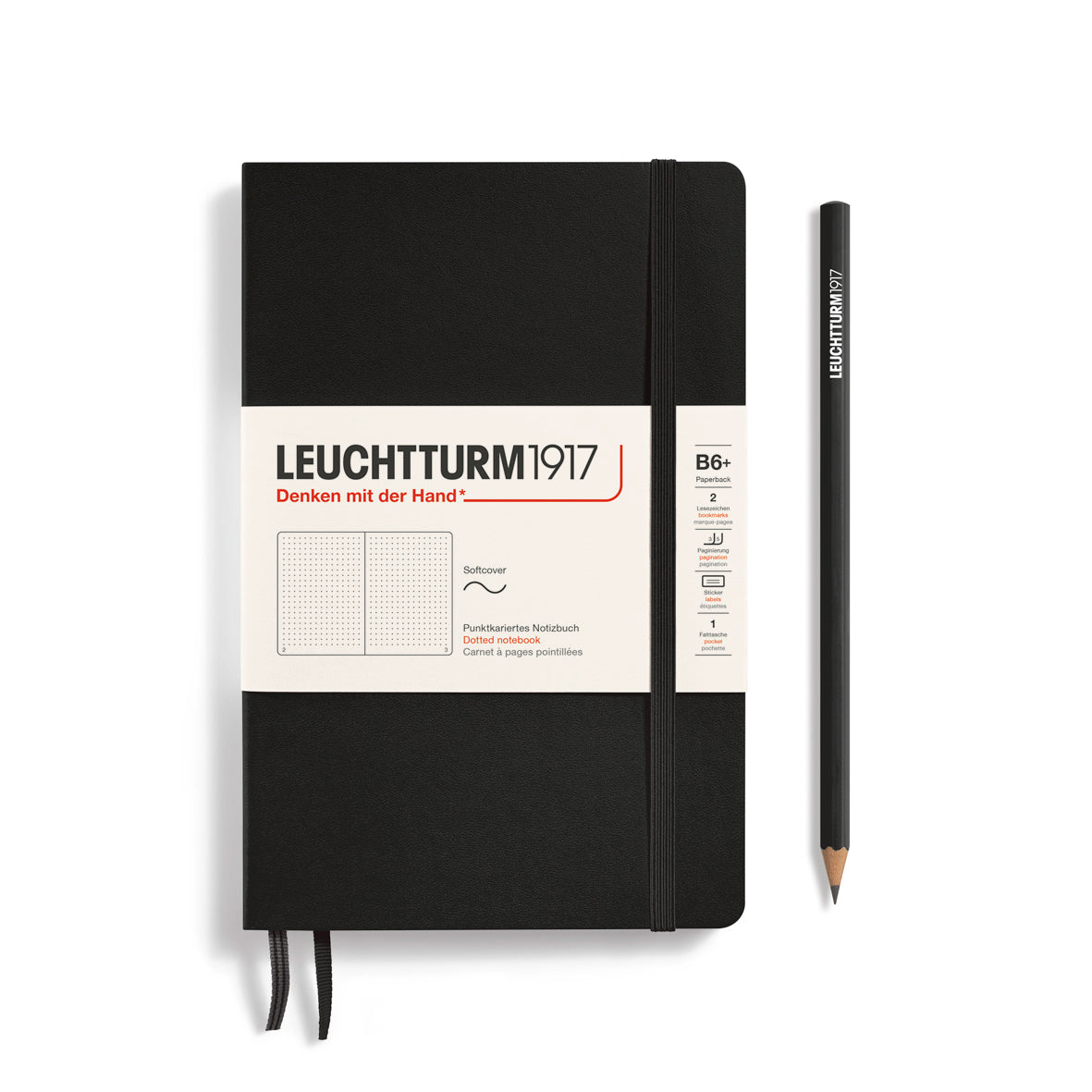 Notebook Paperback (B6+), Softcover, 123 numbered pages, Black, dotted