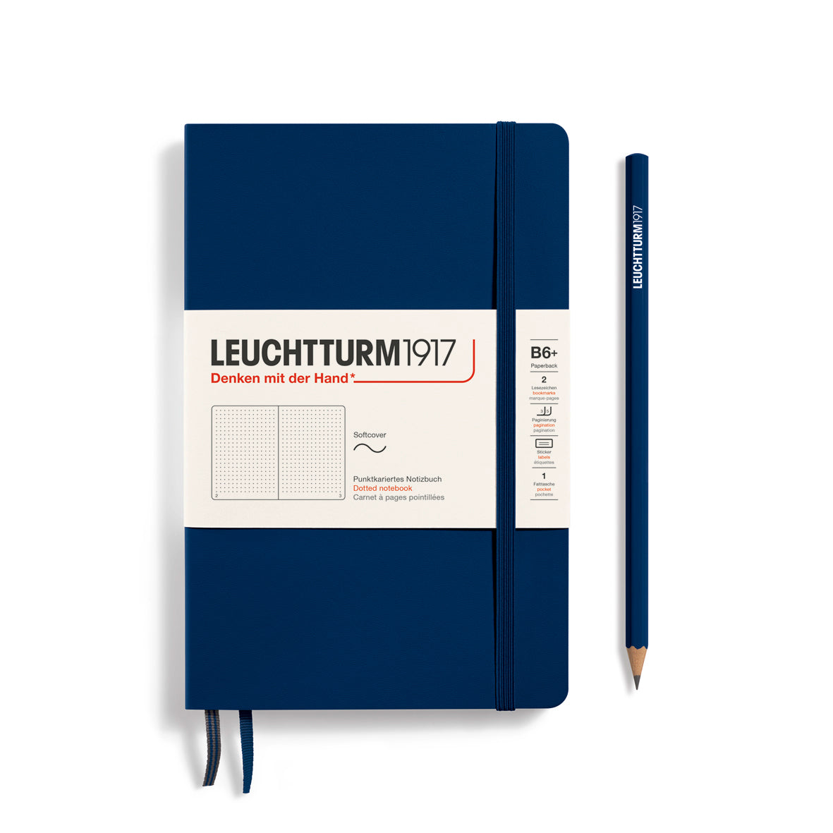 Notebook Paperback (B6+), Softcover, 123 numbered pages, Navy, dotted