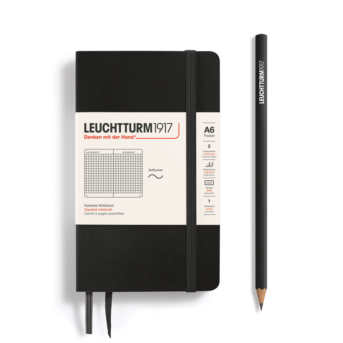 Notebook Pocket (A6), Softcover, 123 numbered pages, Black, squared