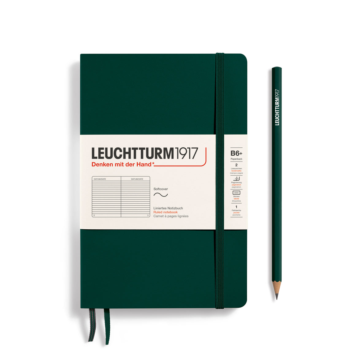Notebook Paperback (B6+), Softcover, 123 numbered pages, Forest Green, ruled