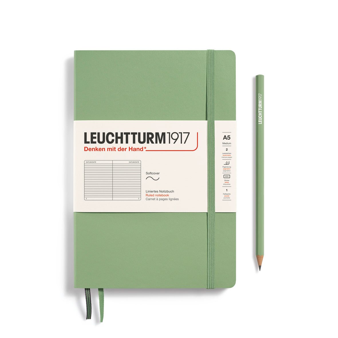 Notebook Medium (A5), Softcover, 123 numbered pages, Sage, ruled