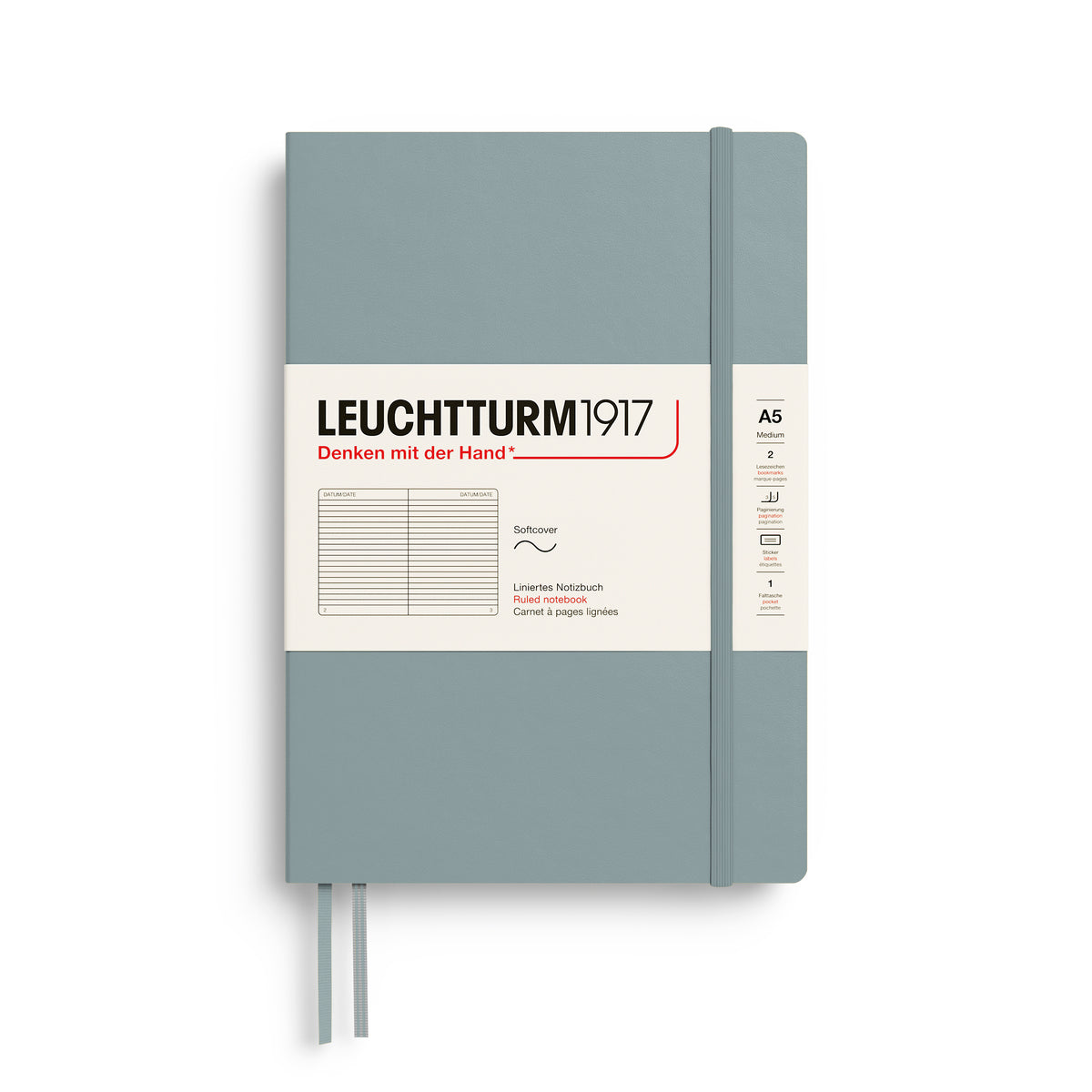 Notebook Medium (A5), Softcover, 123 numbered pages, Dove, ruled
