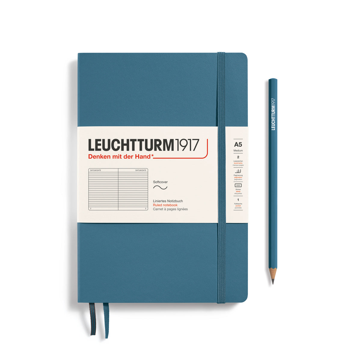 Notebook Medium (A5), Softcover, 123 numbered pages, Stone Blue, ruled