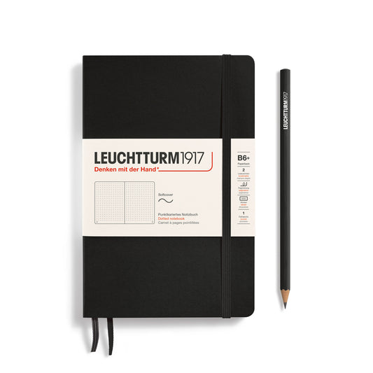 Notebook Paperback (B6+), Softcover, 123 numbered pages, Black, dotted