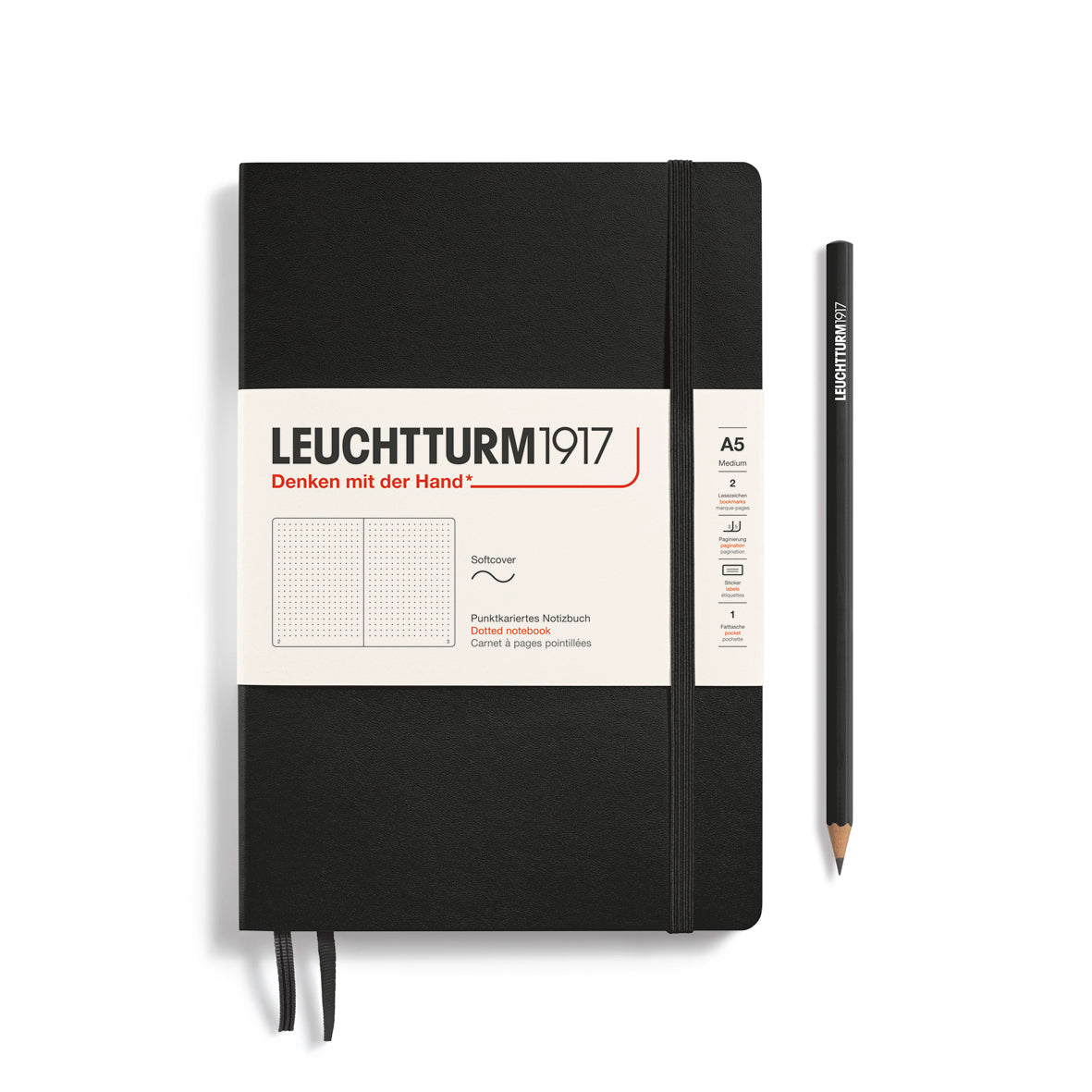 Notebook Medium (A5), Softcover, 123 numbered pages, Black, dotted