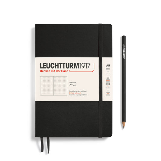 Notebook Medium (A5), Softcover, 123 numbered pages, Black, dotted