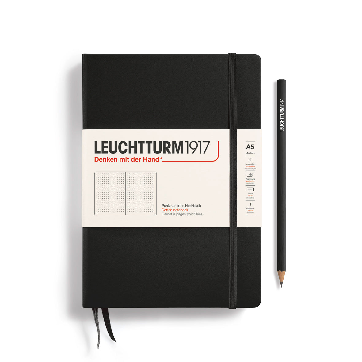 Notebook Medium (A5), Hardcover, 251 numbered pages, Black, dotted
