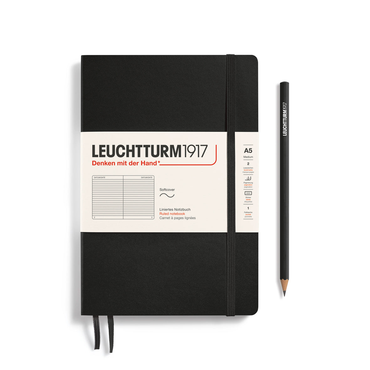 Notebook Medium (A5), Softcover, 123 numbered pages, Black, ruled