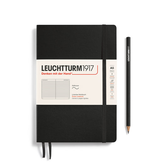 Notebook Medium (A5), Softcover, 123 numbered pages, Black, ruled