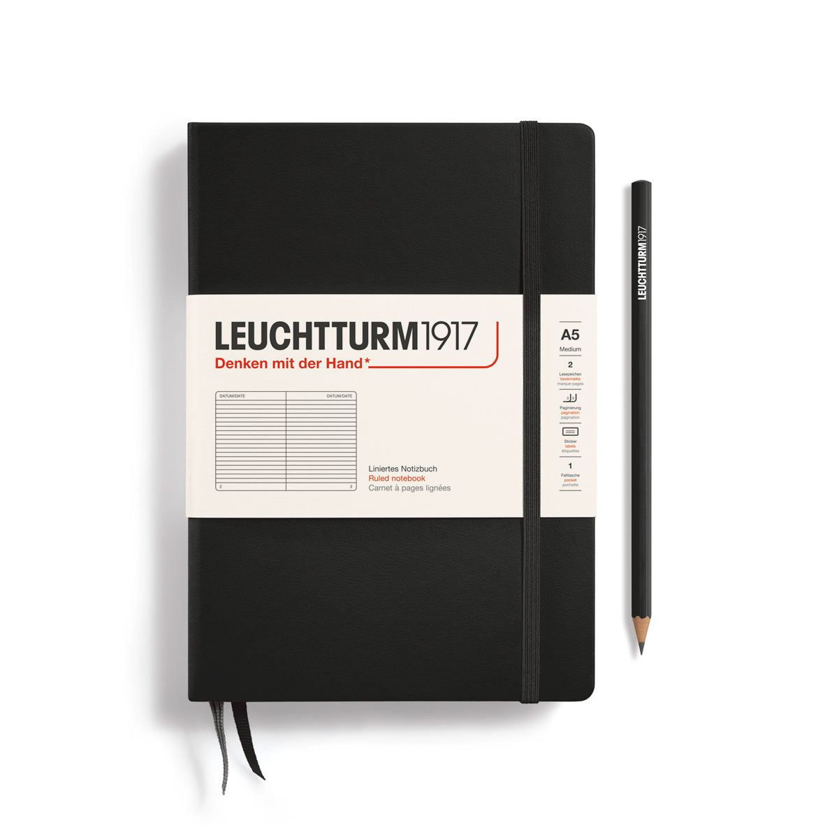 Notebook Medium (A5), Hardcover, 251 numbered pages, Black, ruled