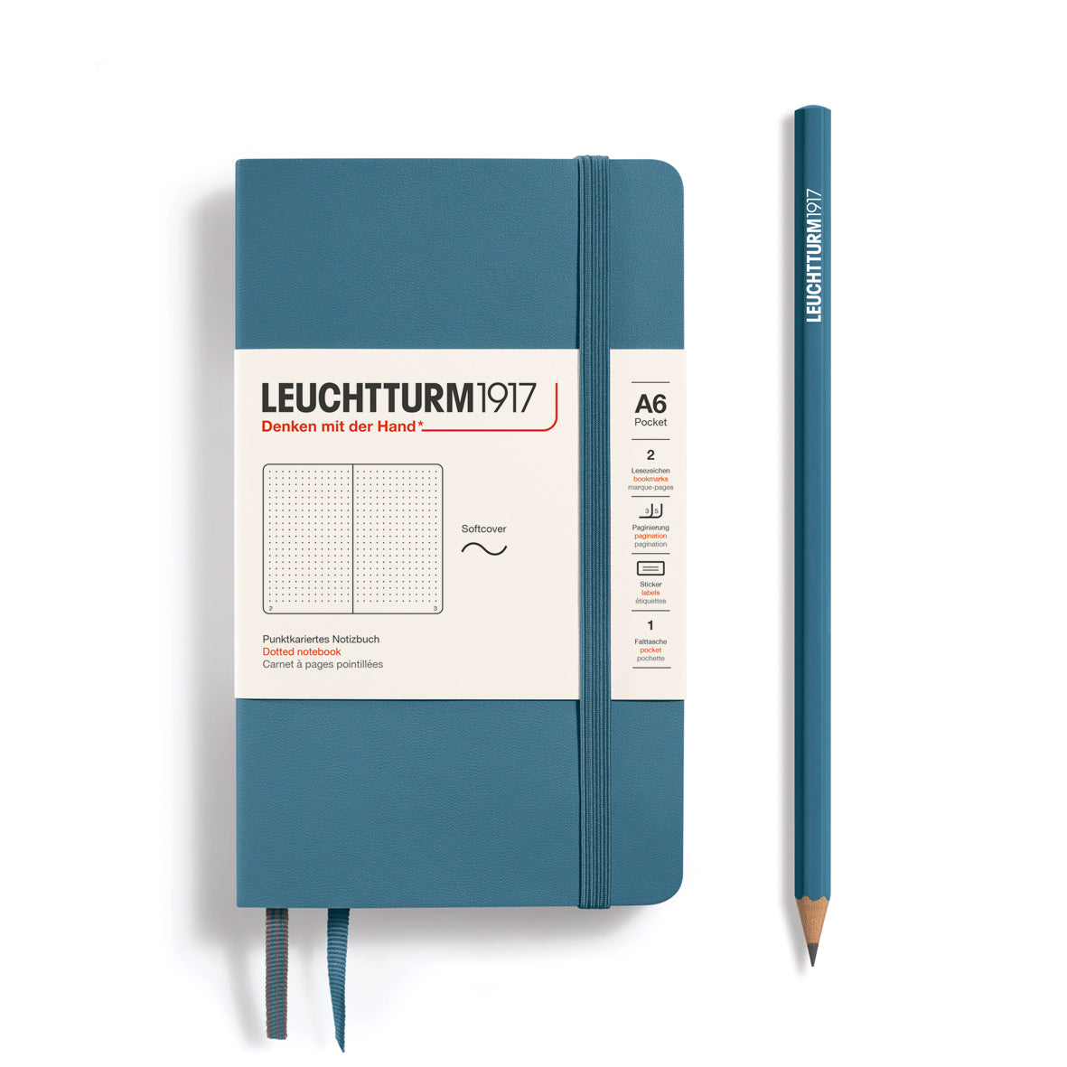 Notebook Pocket (A6), Softcover, 123 numbered pages, Stone Blue, dotted