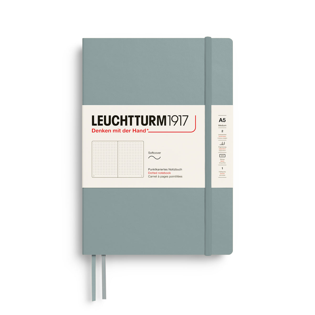 Notebook Medium (A5), Softcover, 123 numbered pages, Dove, dotted
