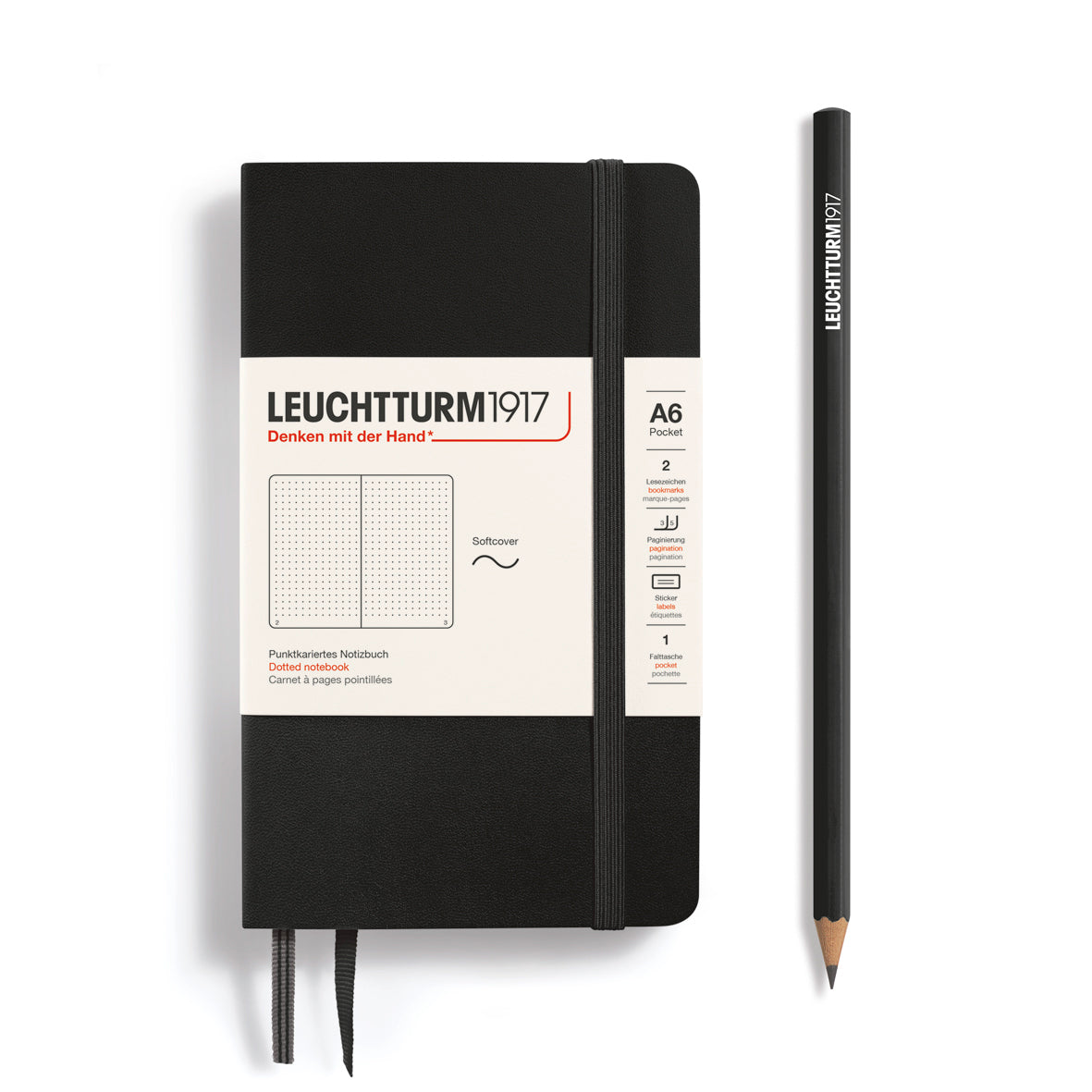 Notebook Pocket (A6), Softcover, 123 numbered pages, Black, dotted