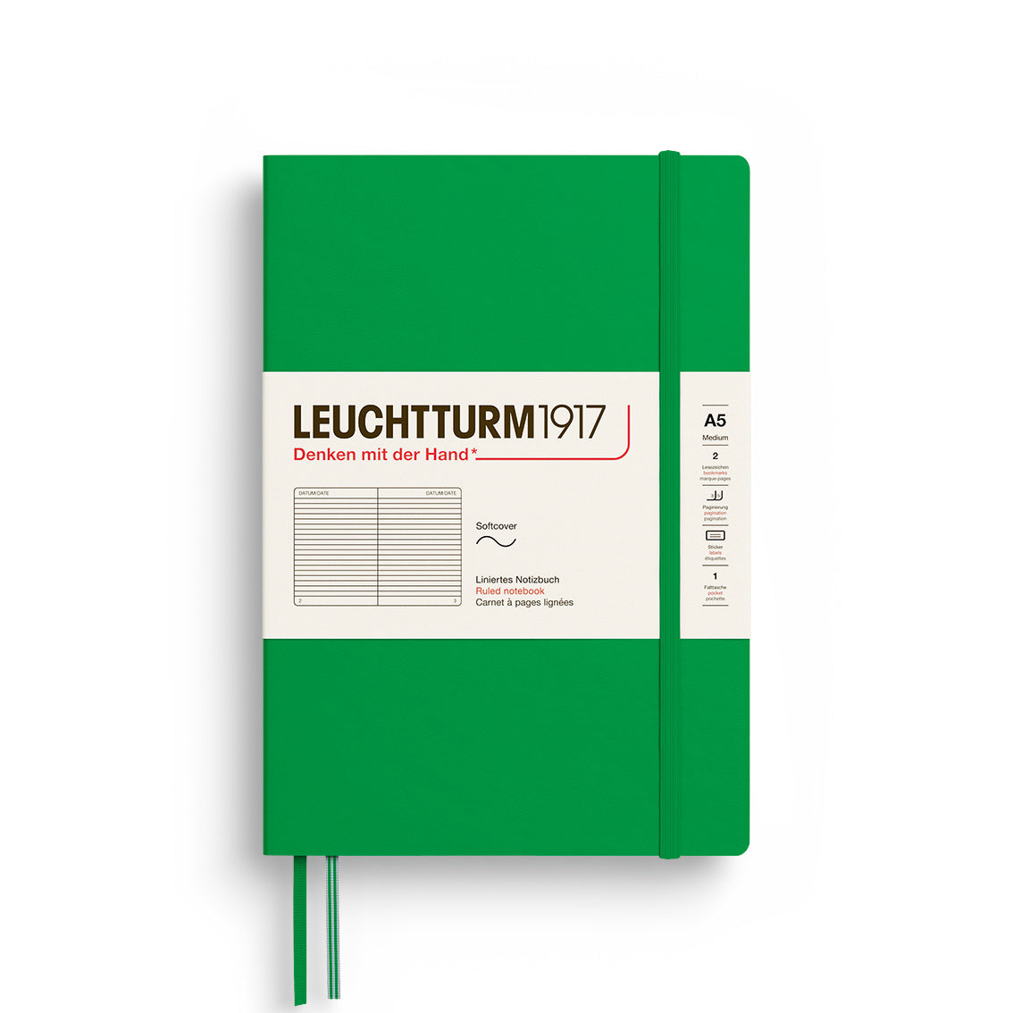 Notebook Medium (A5), Softcover, 123 numbered pages, Spring Leaf, ruled